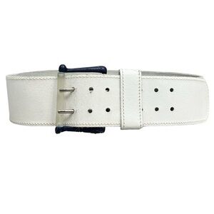 Vintage wide ivory cream leather blue metal clear lucite buckle belt M